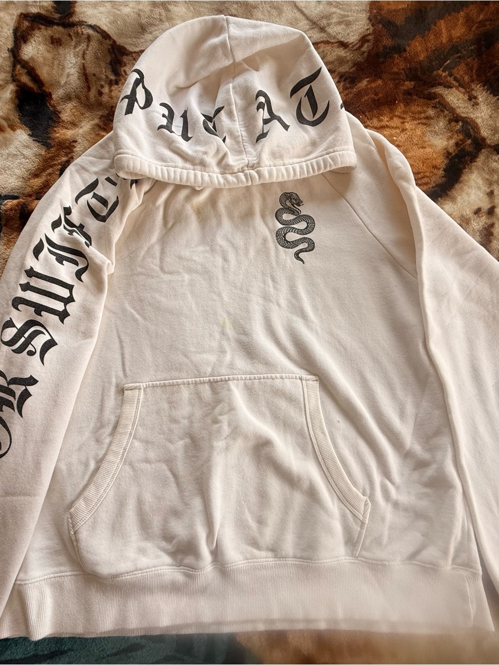 White Hoodie with Black Gothic Script & Snake Graphic